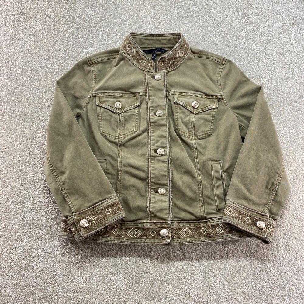 White House Black Market Denim Jacket Womens 8 Green Embroidered‎ Stretch